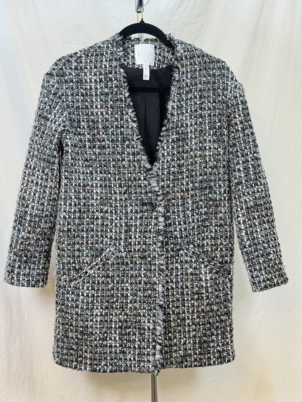 Leith Women's Black & White Tweed Frayed Edges Trench Coat sz XXS